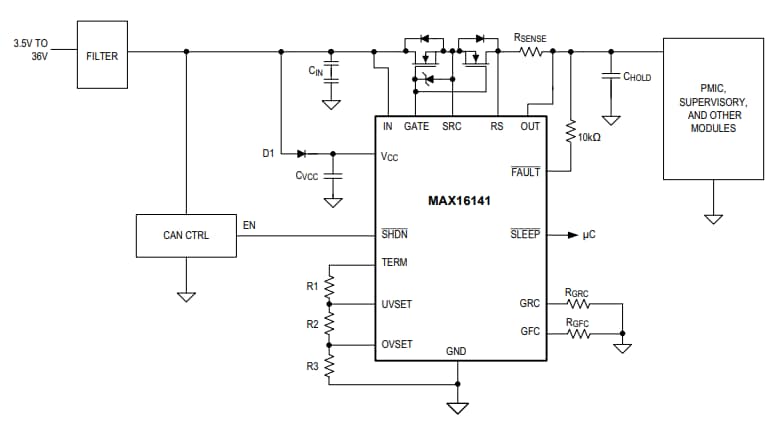 应用电路图 - Analog Devices / Maxim Integrated MAX16141理想二极管控制器